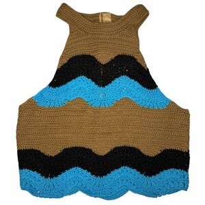 STAUD Crochet Wave Halter Tank Top Brown Black Blue Boho | Size S | NWOT